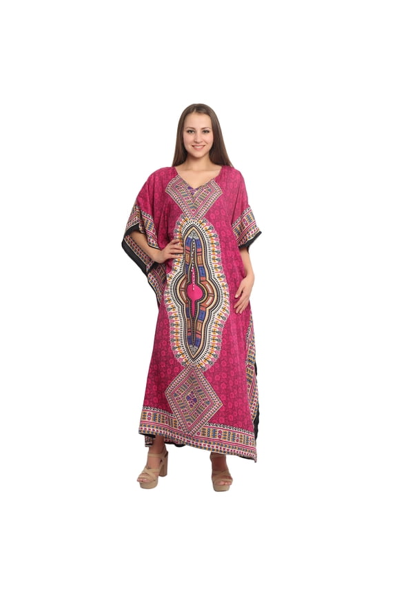 Women Beach Caftan Kaftan Lounge Wear Hippy Boho Maxi Kimono Sleeve Long Dress - Pink
