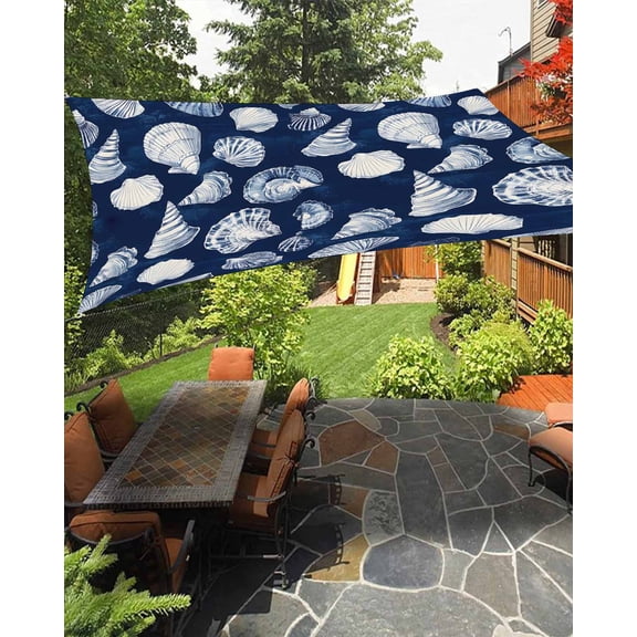 Outdoor Sun Shade Sail 8'x10', Navy Blue Coastal Patio Beach Shade Canopy Cloth Waterproof, Shell Conch Summer Beach Nautical TearResistant & UV Protection Sun Sail for Backyard Garden Deck
