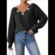 thumbnail image 2 of Suéter Holgado de Otoño con Cuello en V y Mangas Largas Tipo Farol para Mujer, Bordado de Flores. Negro M, 2 of 9