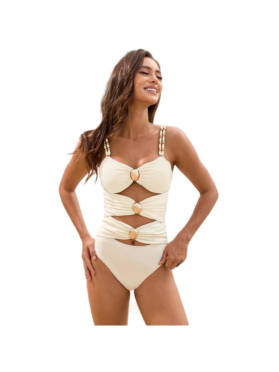 Women's One Piece Swimsuit Colorblock Metal Button Tummy Control Bathing Suit Sexy Cut Out Double Straps Swim Suits