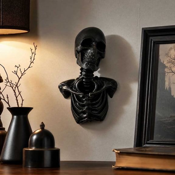 Miwamany Halloween Decorations Indoor Outdoor, Black Skeleton Wall Decor Skull Torso Mount Sculpture, Gothic Wall Art Ornament for Home House Party Decoration
