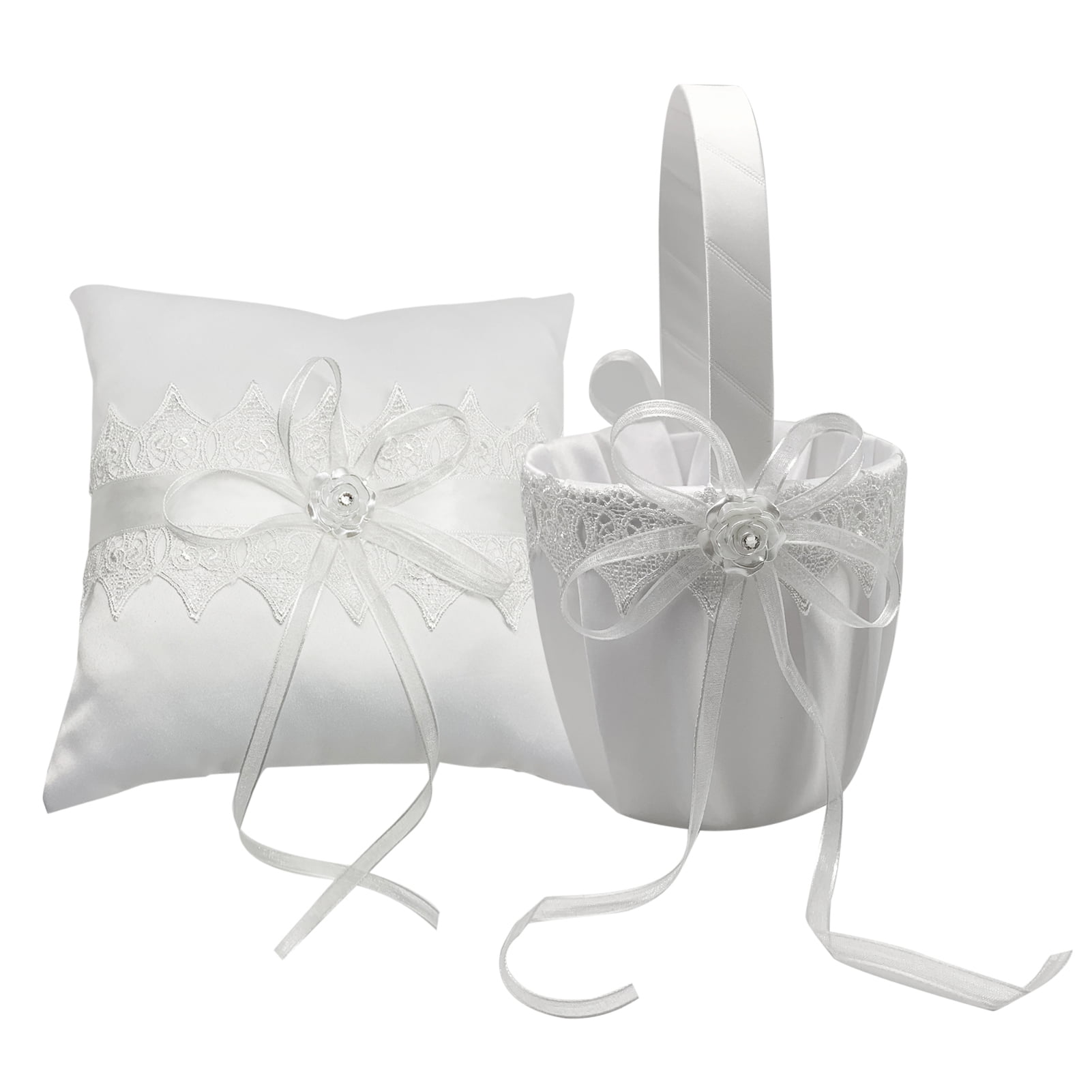 Wedding Pearl Bowknot Guest Book Ring Pillow Pen Stand Flower Basket Set 