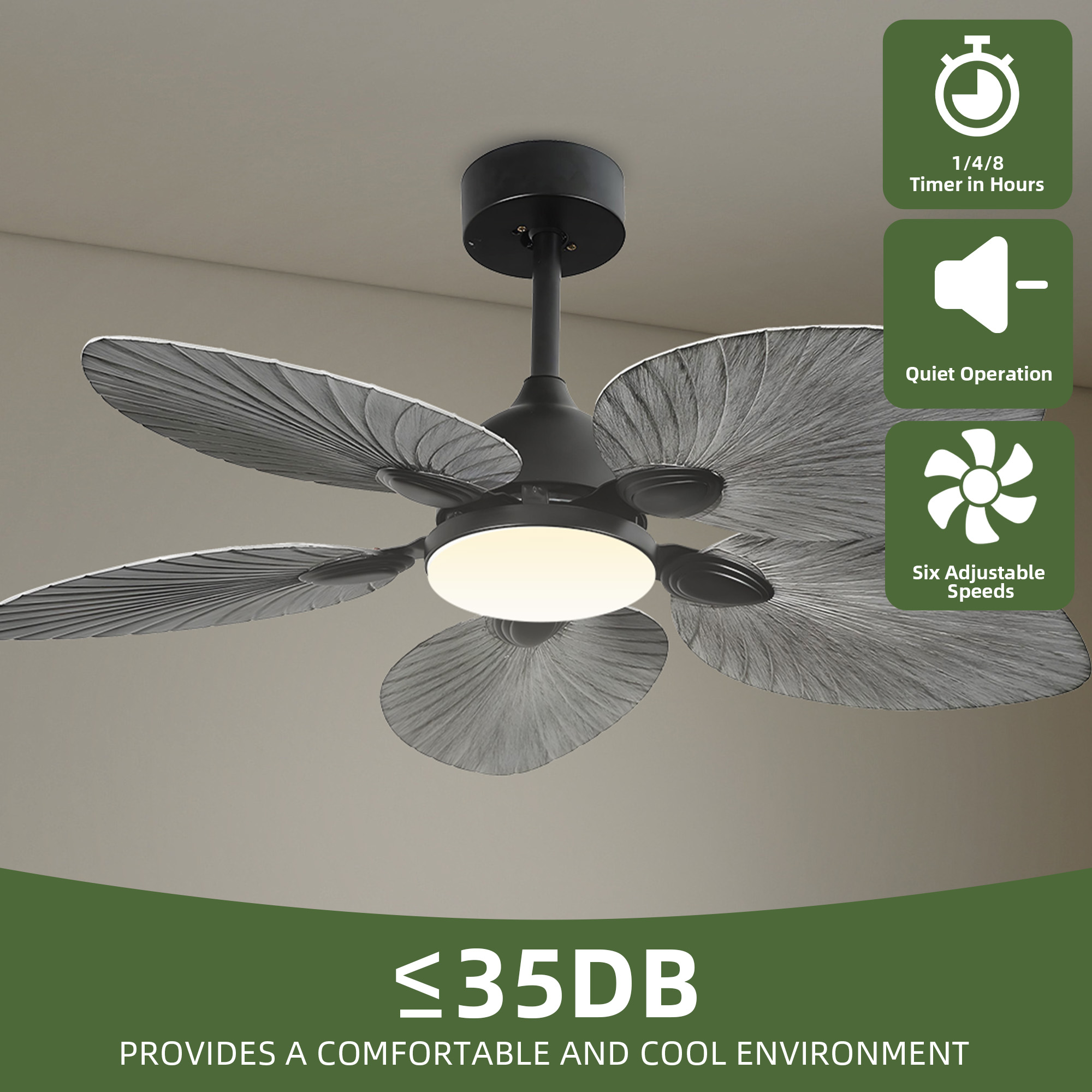 Uforic 42 Inch Tropical Palm Leaf Ceiling Fan with Lights and Remote/APP Control, Quiet DC Motor, 6-Speed, Dimmable, Adjustable Height, Reversible 5 Blades - Gray