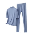 thumbnail image 2 of Seffadzy Women's Solid Color Modal Pajama Set for Spring Autumn, High Neck Half Sleeve Top Long Pants Loungewear (1 Top + 1 Bottom) Suitable for casual home wear_Blue_4XL, 2 of 5