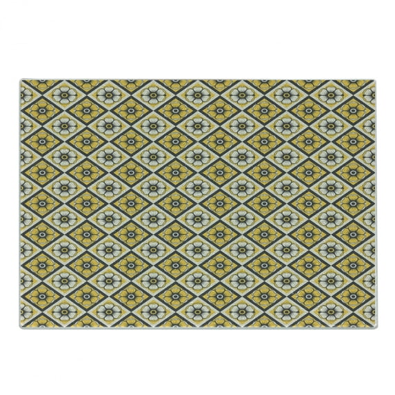 Grey and Yellow Cutting Board, Tile Like Spring Flowers in Rectangular Shape Image, Decorative Tempered Glass Cutting and Serving Board, Small Size, Charcoal Grey Yellow, by Ambesonne