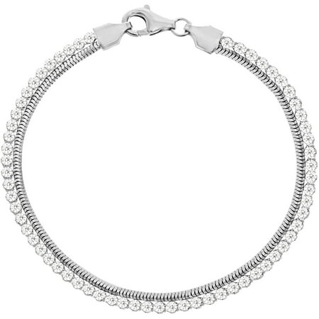Lesa Michele Cubic Zirconia Sterling Silver Double-Layer Snake Chain Circle Bezels Bracelet in Sterling Silver