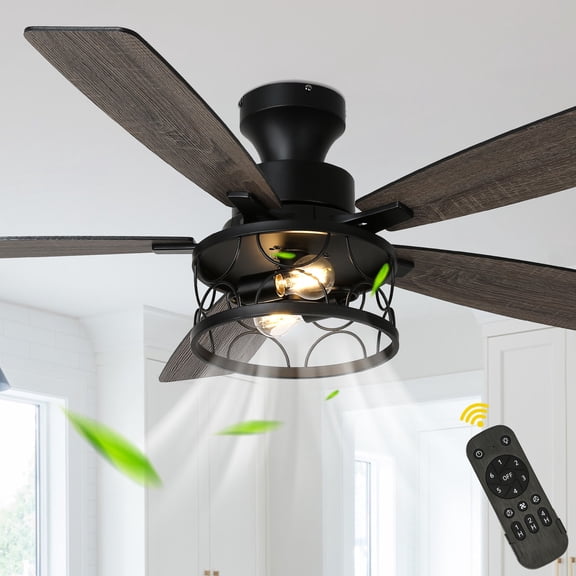 Chords Attic 52" Black Flush Mount Ceiling Fan with Light and Remote Control, 6-Speed Reversible Motor for Bedroom, Living Room