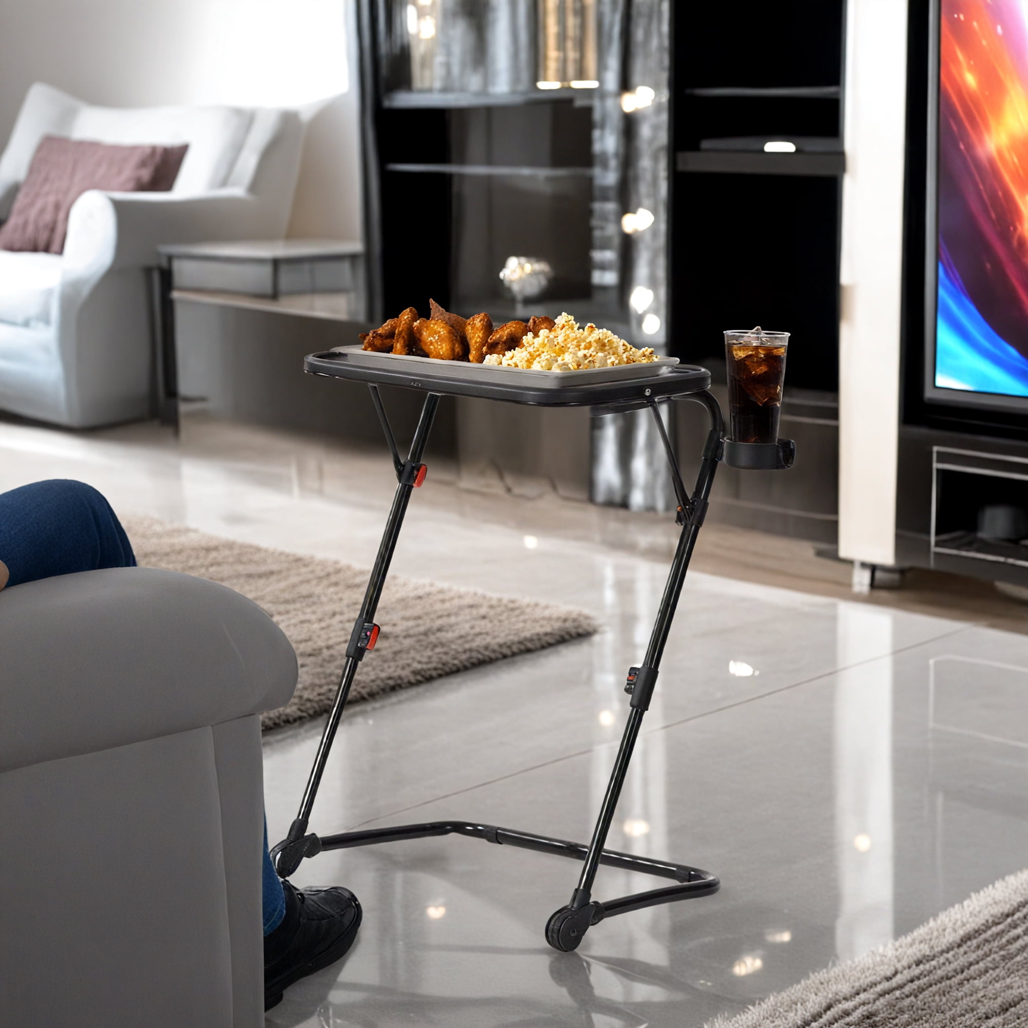 Homy Casa Portable Folding Microwave Table with Fixed Cup Holder and Multi-Level Height