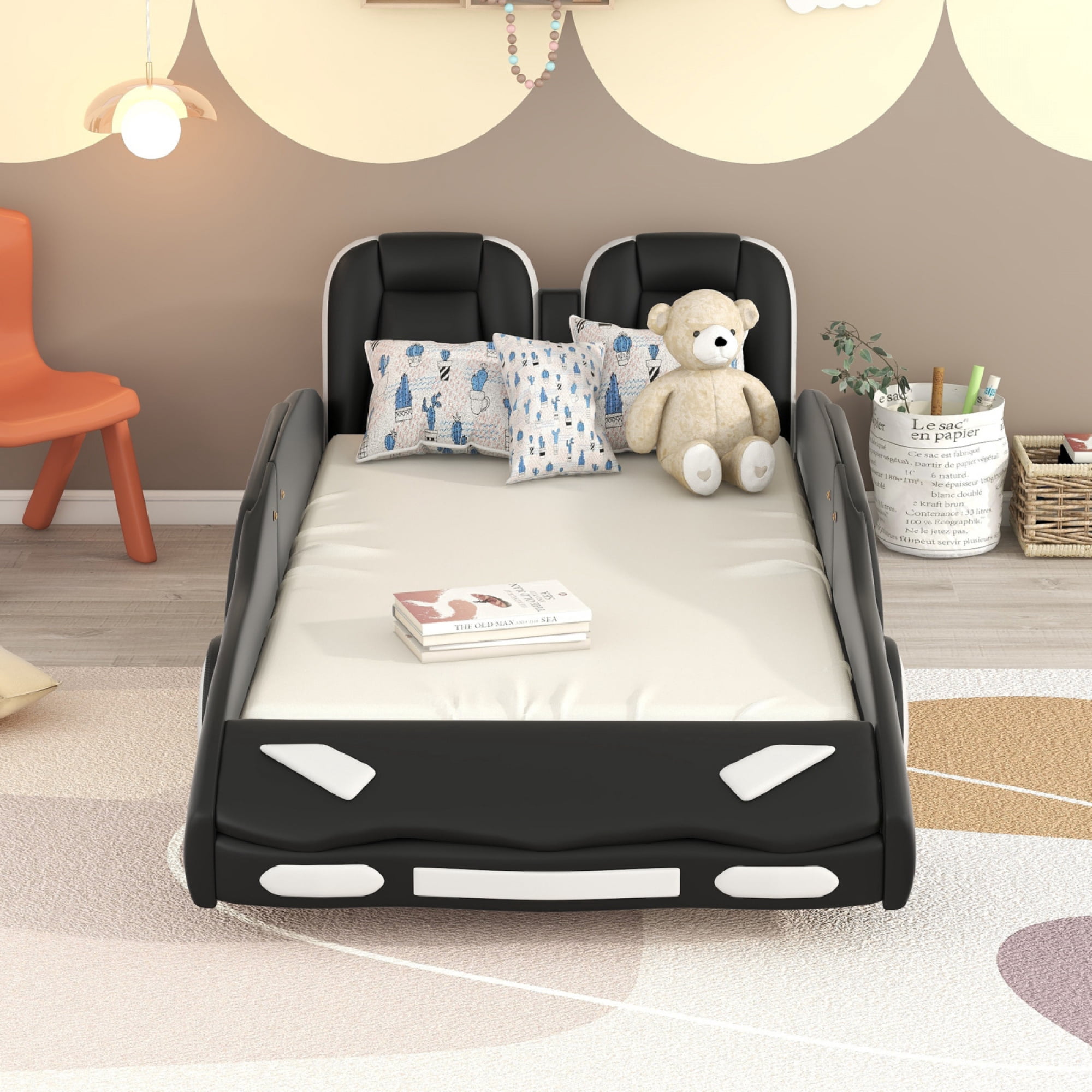Twin Size Race Car-Shaped Platform Bed with Wheels for Kids, Wooden Bed Frame for Bedroom, No Box Spring Needed,Black