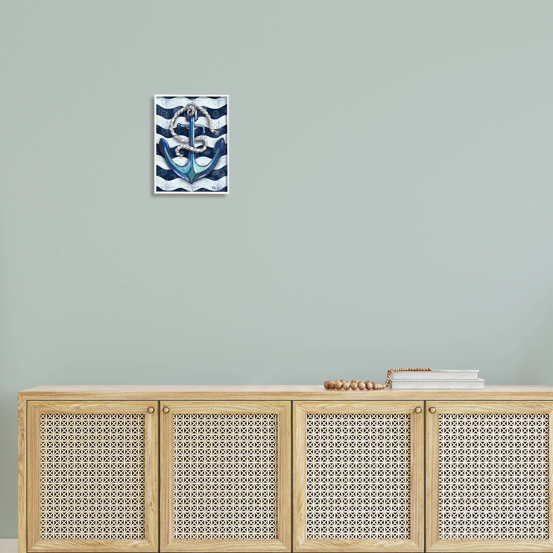Stupell Industries Nautical Anchor Wavy Navy Stripes Graphic Art White Framed Art Print Wall Art, Design by Paul Brent