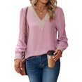 thumbnail image 1 of Pullover Lace Stitching V cuello largo Puff mangas Casual cómodo gasa mujeres Top, 1 of 7