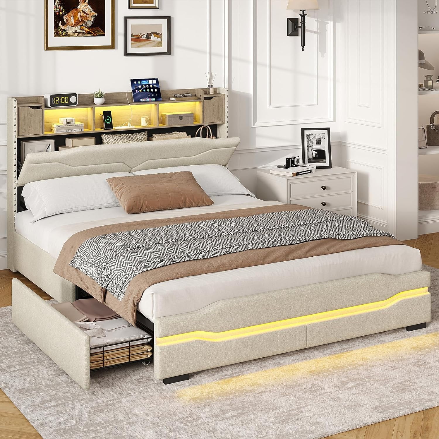 Vabches Queen Bed Frame with LED Lights & Charging Station, Upholstered Headboard Bed with 4 Large Storage Drawers & Metal Support Base, No Box Spring Needed