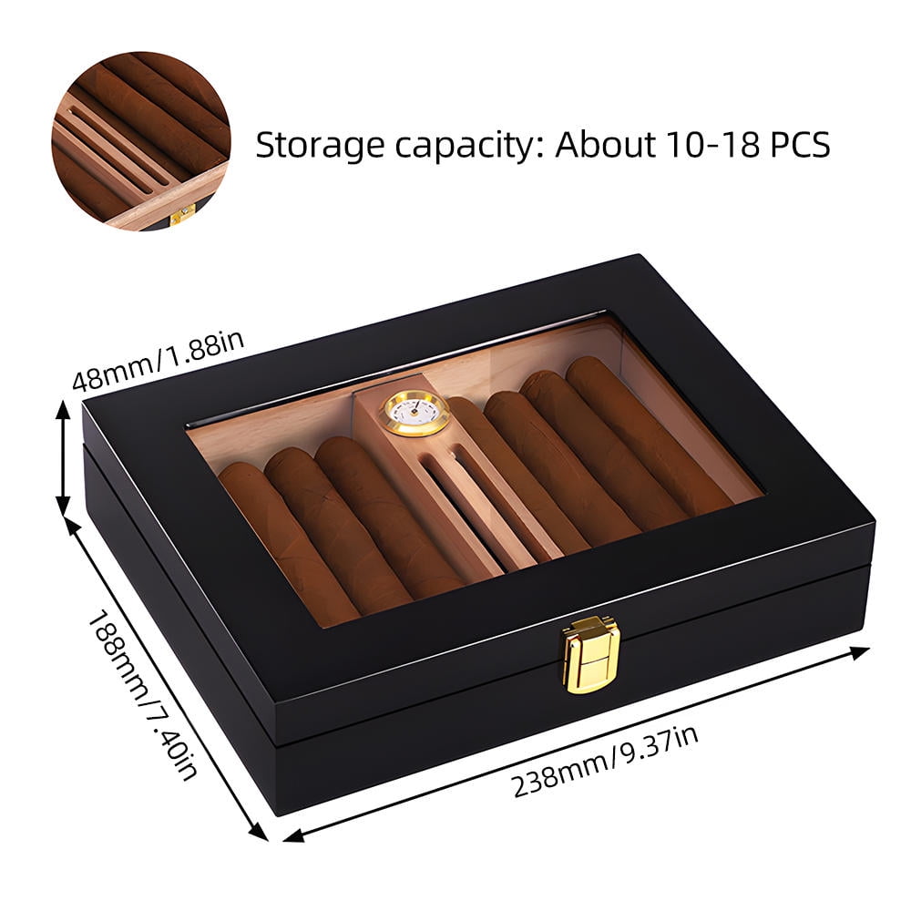 BIMZUC Elegant Cedar Cigar Humidor 10‑18 Cigars, Glass Window, Built‑in Hygrometer, Humidifier, Adjustable Dividers – Portable Desktop Case