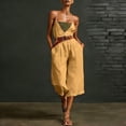 thumbnail image 3 of Women's Vacation Capri Jumpsuits Spaghetti Strap Wide Leg Linen Rompers Deep V Neck Sleeveless Cropped Jumper Yellow, XL, 3 of 7