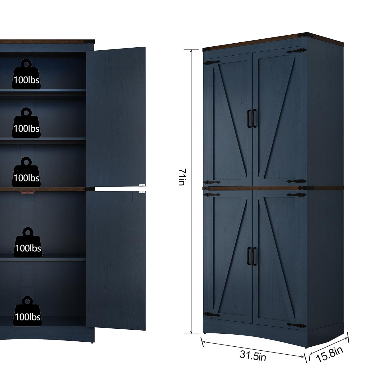 ChVans 71" Tall Farmhouse Kitchen Pantry with Adjustable Shelves, 5 Layers Pantry Storage Cabinet with Load-Bearing Steel Pipe & 4 Barn Doors for Kitchen, Dining Room, Living Room, (Blue-71")