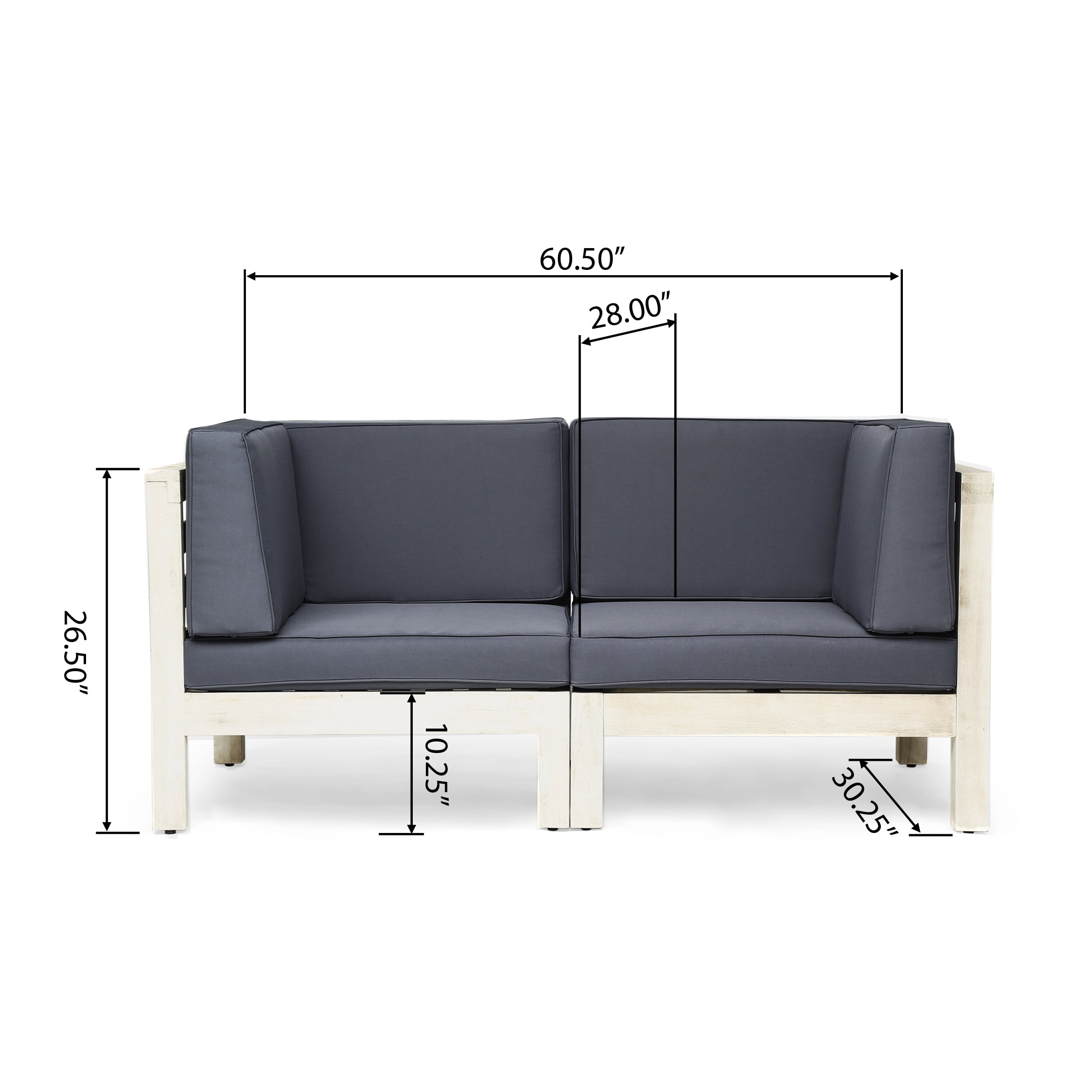 Frankie Outdoor Acacia Wood Sectional Loveseat with Cushions, Weathered Gray, Dark Gray