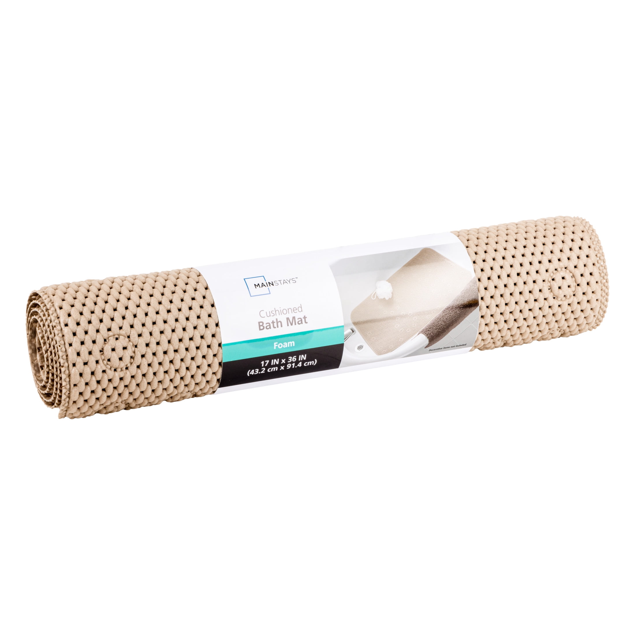 Mainstays 17" x 36" Cushioned Foam Bathtub Mat with Suction Cups, Taupe