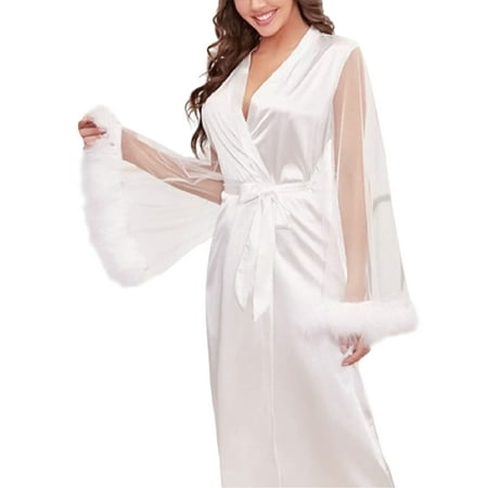 

Frontwalk Ladies Robe V Neck Pajama Solid Color Nightgowns House Wear Silk Nightwear Long Sleeve Sleepwear White XL