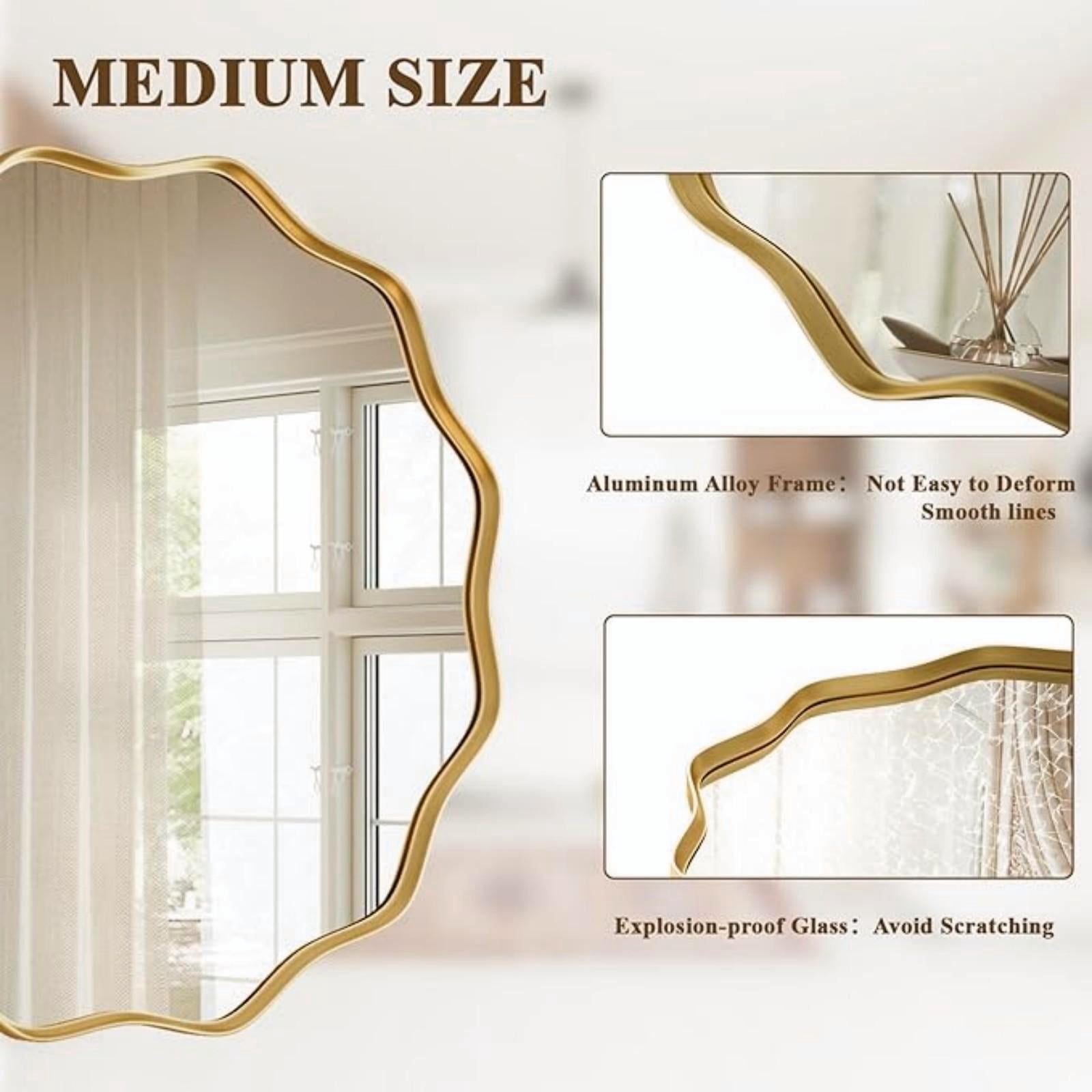 AUROMIR 30" Wavy Round Bathroom Mirror Wall Mounted Mirror Vanity Mirror with Metal Frame, Gold