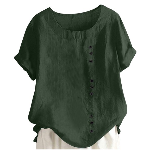 Scyoekwg Womens Summer Tops Trendy Plus Size Round Neck Button Shirts Casual Comfy Lightweight Solid Color Short Sleeve T Shirts Loose Blouses (Army Green,XXXXXL)