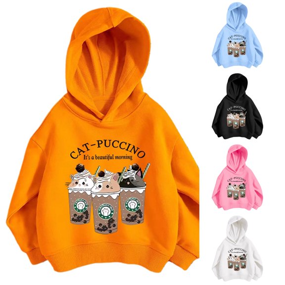 JAJAHO Kids Girls Hoodies 3-12Y Long Sleeve Cute Cartoon Cat Printed Hooded Sweatshirts Lightweight Fall Pullover Tops