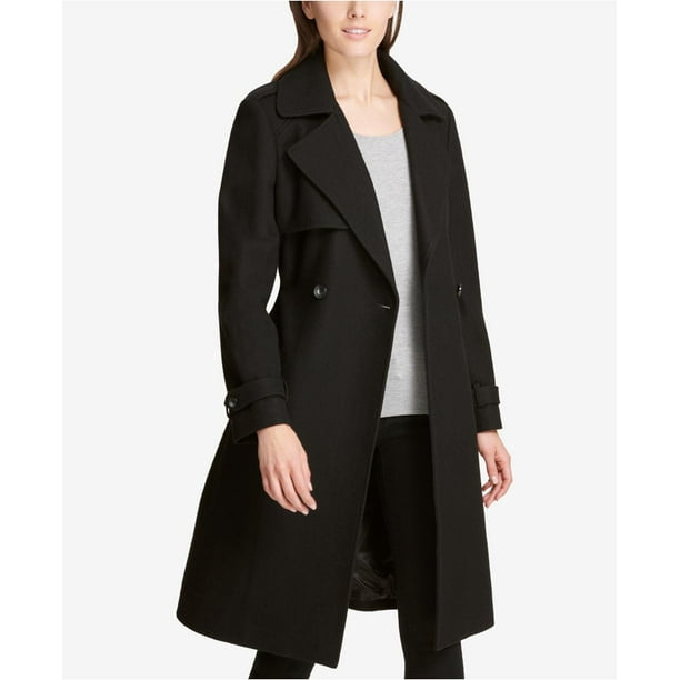 №849 DKNYブラックメルトン素材ダブルPコートキングサイズ48R DKNY BLACK Women's Plus Size Double-Breasted Wool Blend Trench