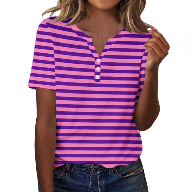 Plebaso T-Shirts à Rayures Col en V pour Femmes Manches Courtes Été Décontracté Blouses Amples pour Femmes