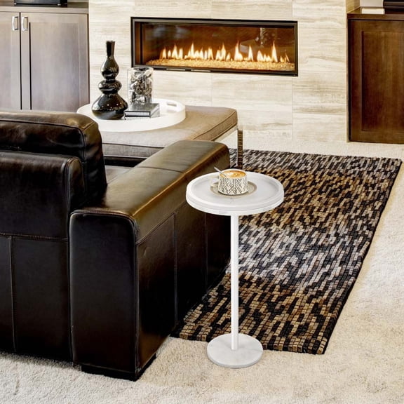 24.6 inch tall Marble Round Side Table with Raised Edge, Narrow End Table for Small Spaces, Modern Accent Table for Living Room, Bedroom, Bathroom, White