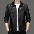thumbnail image 2 of Abrigo de cuero a rayas bronceado de alta calidad para otoño e invierno, chaqueta informal ajustada con cuello tipo polo a la moda y cómoda para hombre, 2 of 4