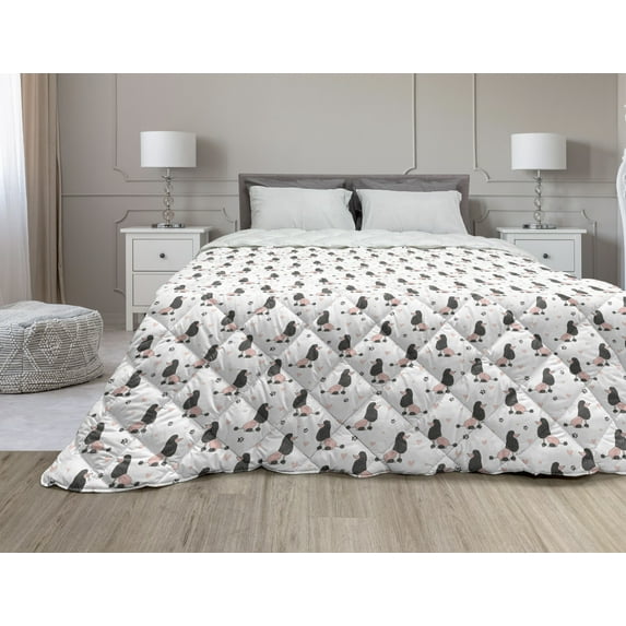 Cartoon Down Alternative Comforter, Bunny Polar Bear Penguin Inside Full Crescent Moon New Year Themed, Microfiber Quilt for All Season, 5 Sizes, Night Blue and Pale Coffee, by Ambesonne
