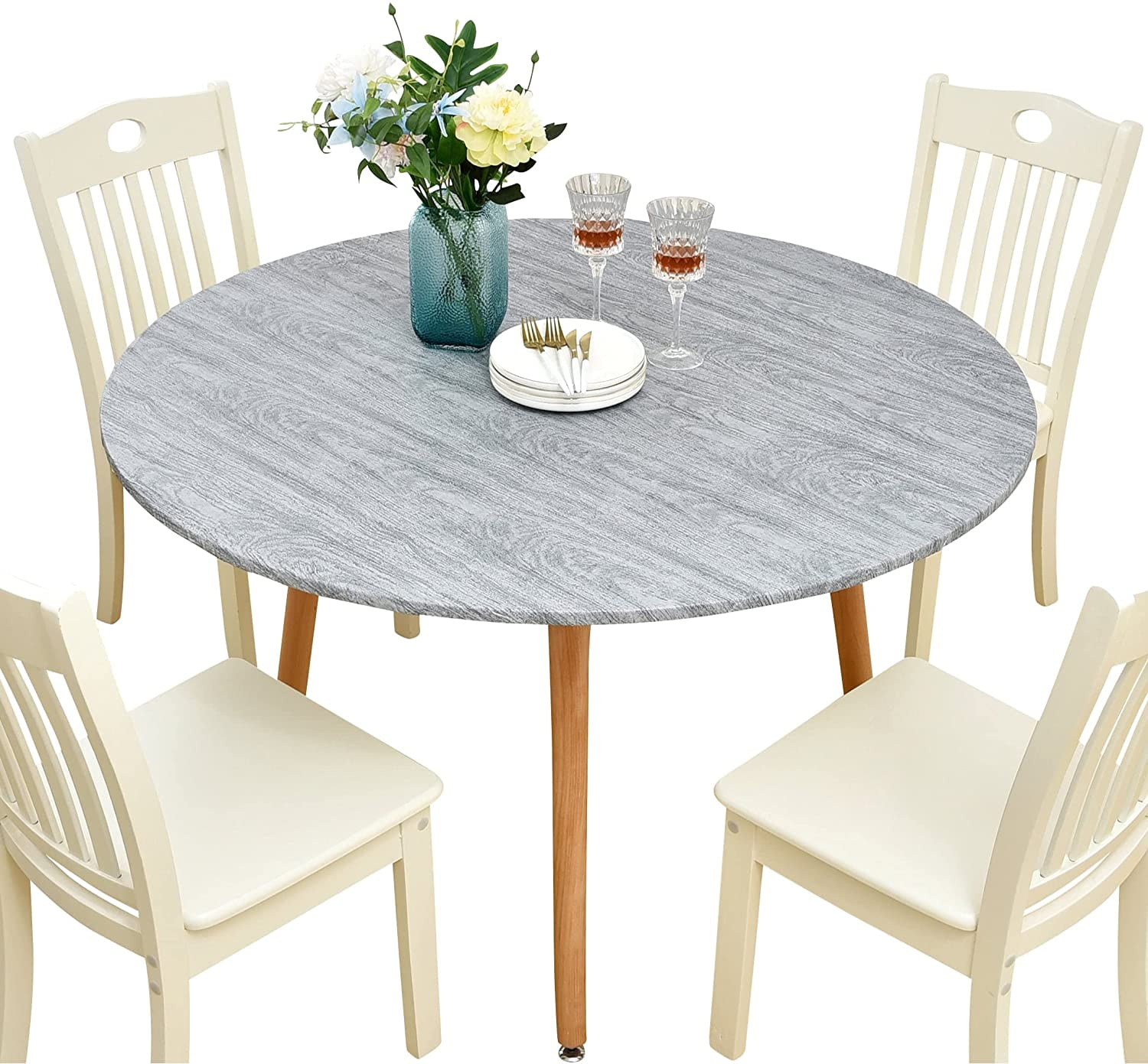 Round Vinyl Fitted Tablecloth With Flannel Backing Waterproof Wipeable Table Cover Elastic Edge Weathered Grey Wood Grain For Tables Of 43 56 Inches Seats Up To 6 Com Round Vinyl Fitted Tablecloth With, How Big Does A Round Table Need To Be Seat 56