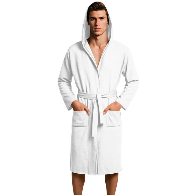 Mens Waffle Bathrobe Long Sleeve Lightweight Hooded Robe with Pockets Soft Shower Spa Bathrobes White, S