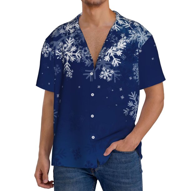 Balery Christmas Blue Camisa Casual de Manga Corta con Botones para Hombre, Texturizada, Estilo Cubano, para Playa, Verano-Large