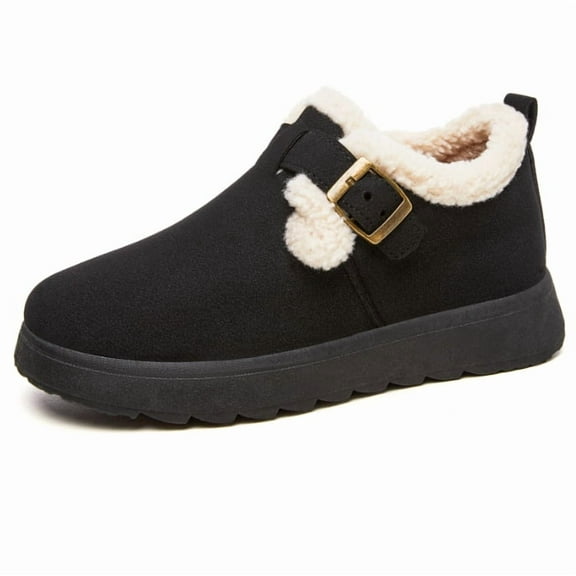 Women's Casual Low - Heel Winter Shoes - Warm, Comfortable Round - Toe Cotton - Upper Shoes with Artificial Short Plush Lining