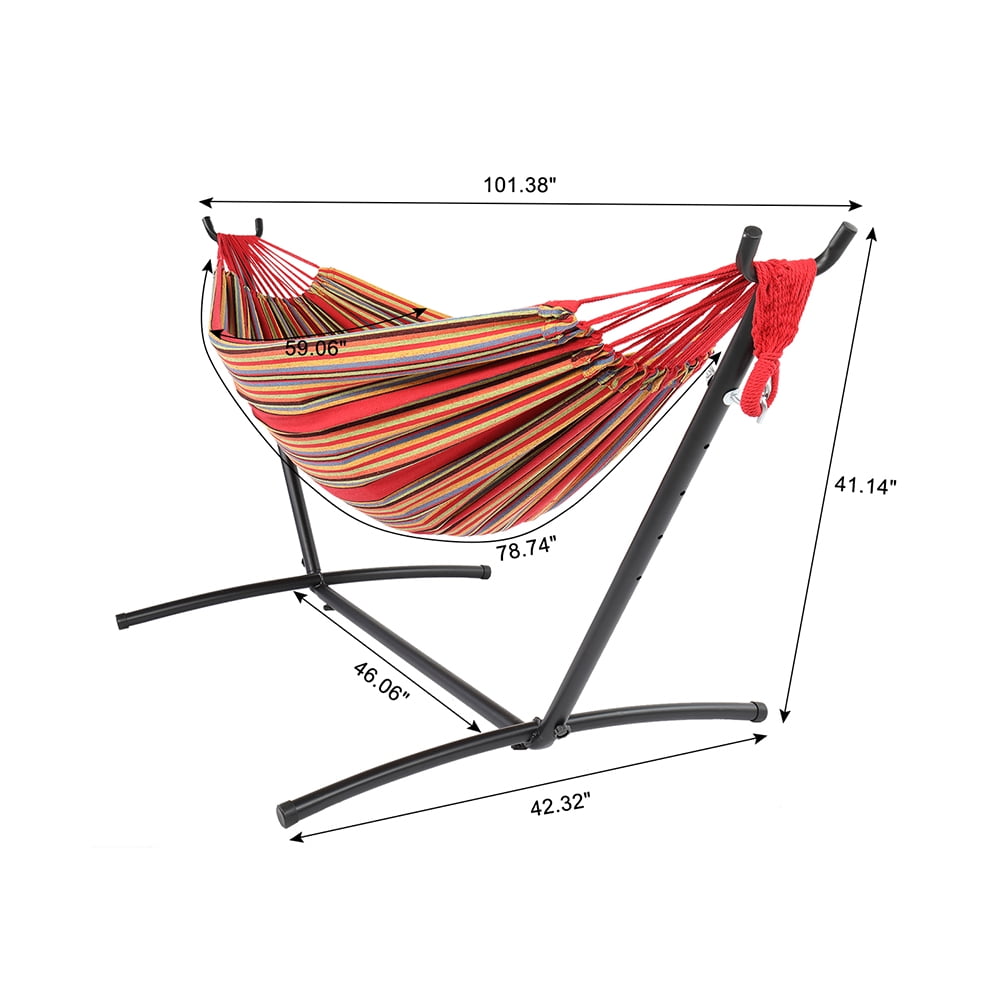 Private Jungle 9ft Steel Pipe Hammock Frame with Cotton Hammock, Natural Rope Iron Hammock Set For Garden, Outdoor, Red Private Jungle 9ft Steel Pipe Hammock Frame with Cotton Hammock, Natural Rope Iron Hammock Set For Garden, Outdoor, Red