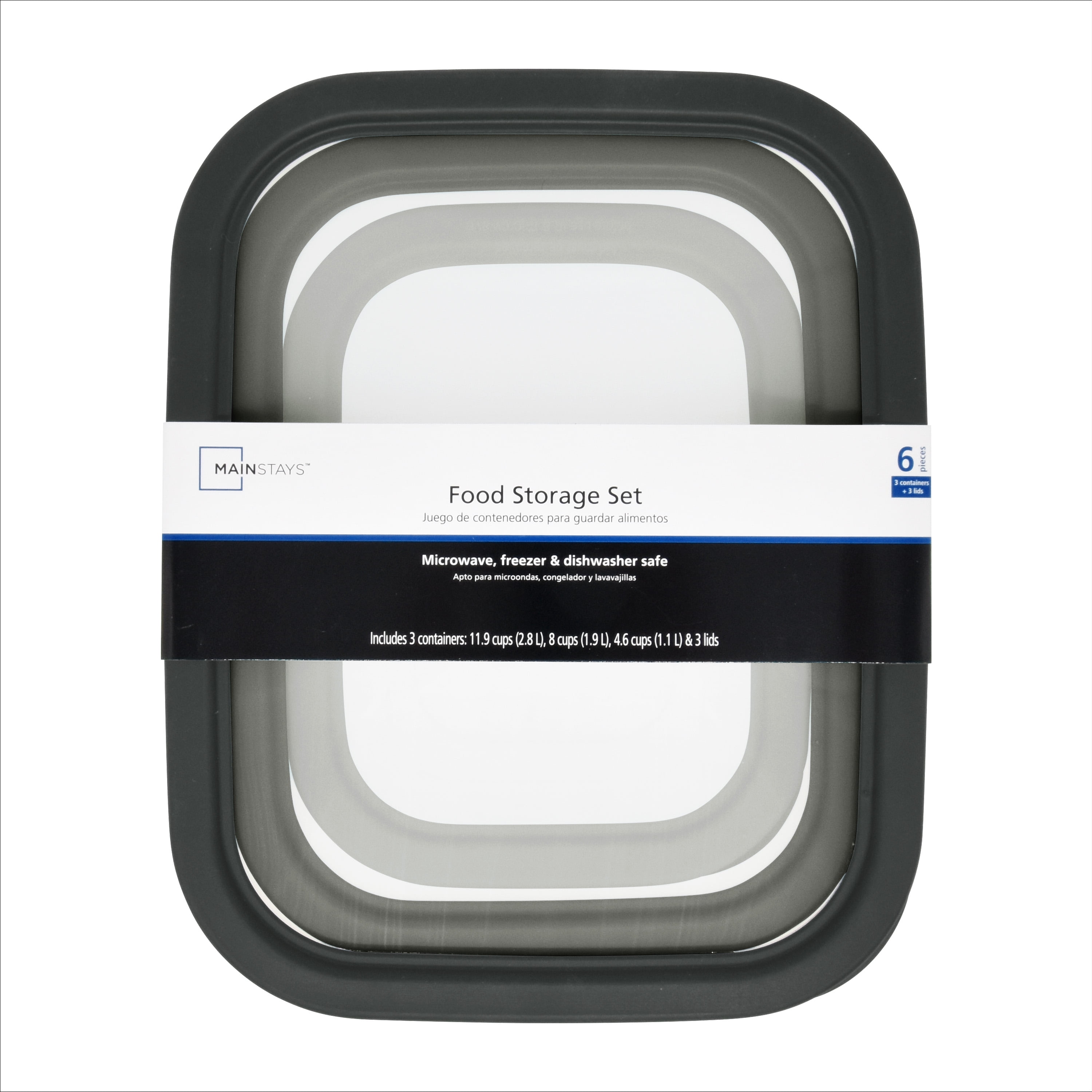 (4 pack) Mainstays Plastic Food Storage Container Set, Gray, 6 Pieces