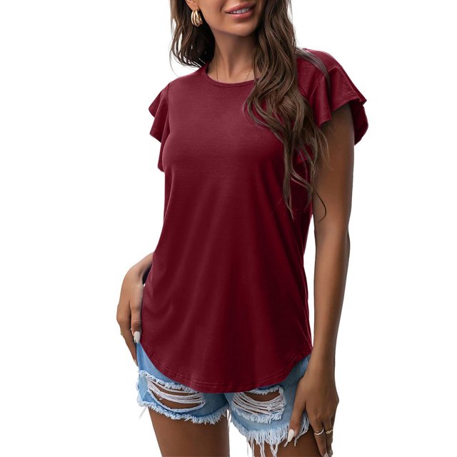 ICHUANYI Clearance Women Casual Round Neck Short Puff Sleeve Solid Color Pullover Blouse T-shirt Tops Loose Fit(Wine, S) ICHUANYI WER2023080905089