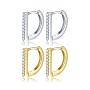 2 Pairs Huggie D Shaped Cubic Zirconia Hoop Earrings for Women Girls with Sterling Silver Post Hypoallergenic CZ Small Gold/Silver Hoops Cuff Clip Fashion Jewelry Dainty Gift
