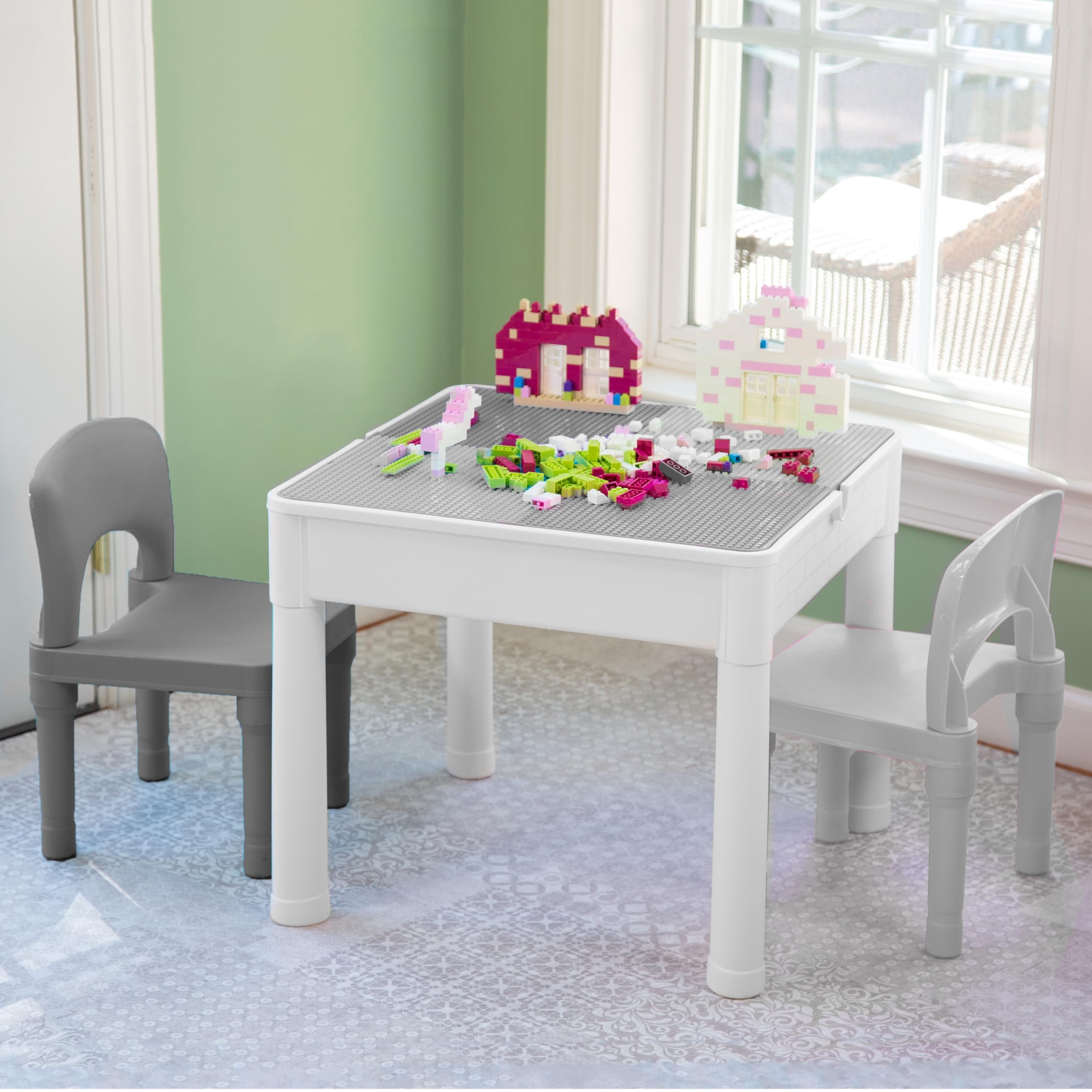 Play Platoon 5 in 1 Kids Activity Table and Chair Set - Stem Table for Toddlers with Building Block, Craft & Sensory Tables for Toddlers with 2 Chairs & 25 XL Blocks - Neutral Gray