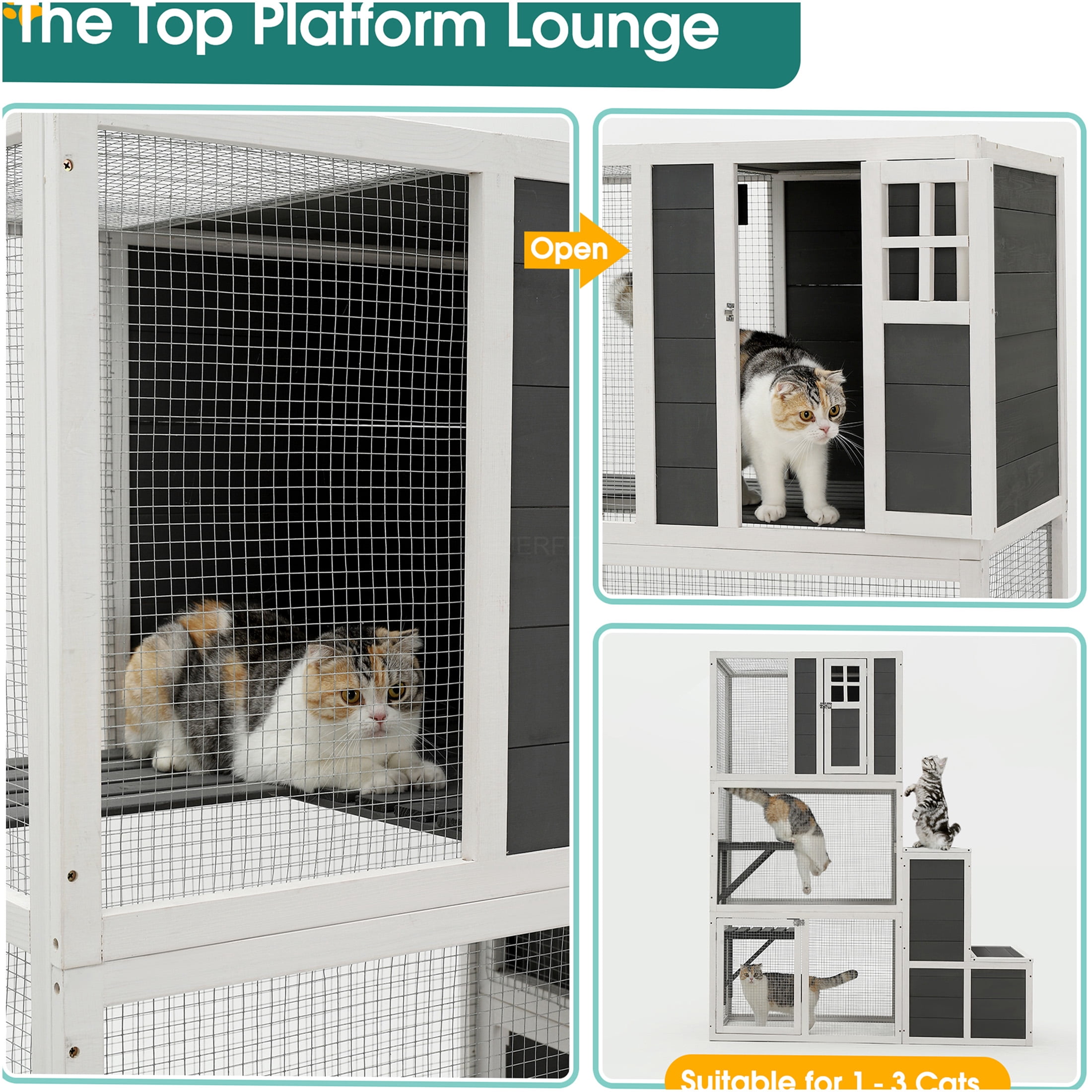 JERFIT 3-Tier Cat House with 4 Platforms & Jump Box, 71" Tall Indoor/Outdoor Wooden Kitty Condo Enclosure for Multiple Cats, Gray