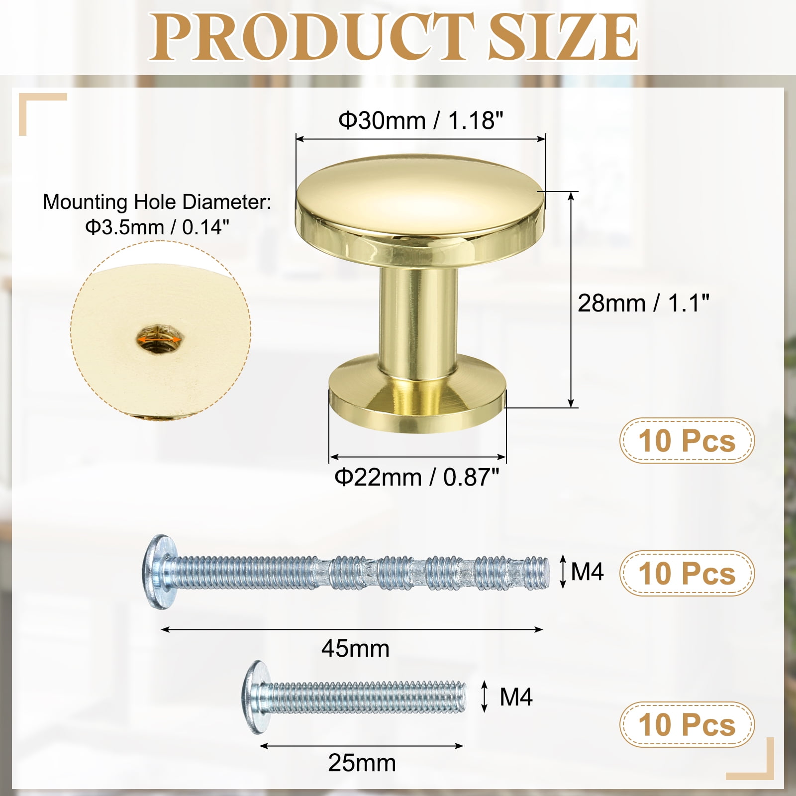 Cabinet Knobs, 10Pcs 1-1/5" (30mm) Zinc Alloy Round Solid Dresser Drawer Knobs for Modern Kitchen Cabinet Pull Handles Metal Hardware, Gold