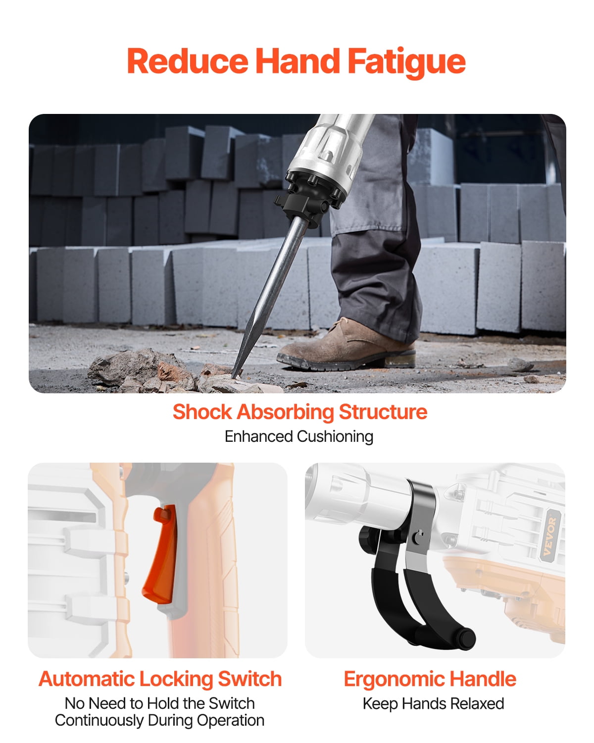 VEVOR Demolition Jack Hammer, 3500W Jack Hammer Concrete Breaker, 2pcs Chisel with Gloves & 360°C Swiveling Front Handle for Trenching, 1900 BPM Heavy Duty Electric Jack Hammer, Black