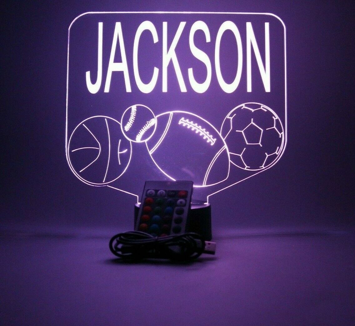 Sports Array Soccer Ball Baseball Football Basketball with Custom Name Night Light Up Lamp LED Free Engraved Custom Name Personalized Athletic Table Lamp with Remote, 16 Colors, It's Wow, Great Gift