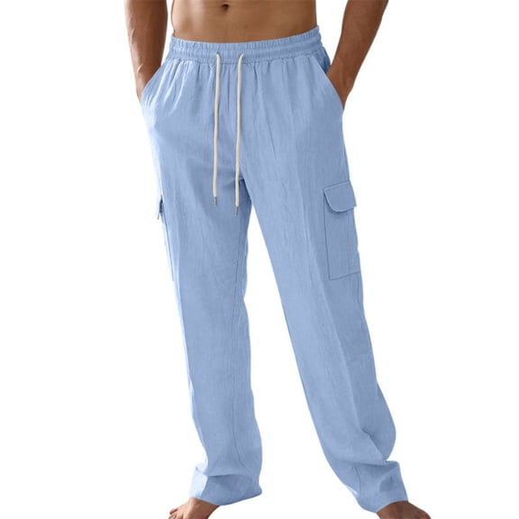 Zimjoy Men's Linen Cargo Pants Multi-Pockets Drawstring Elastic Waist Trousers Breathable Cool Casual Summer Beach Trousers, Light Blue L
