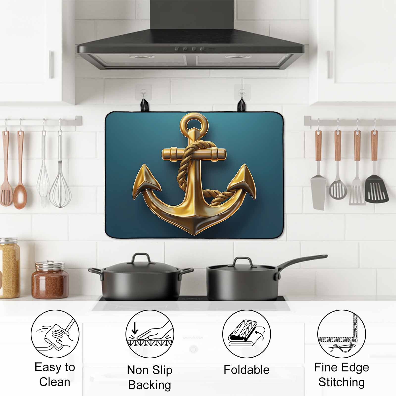 Yellow Anchor Stove Top Cover for Electric Stove, Heat-proof & Non Slip Glass Top Stove Cover Protector, Coastal Nautical Anchor Turquoise Kitchen Flat Cooktop Rubber Mat 24x21 Inches