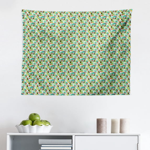 Cactus Print Tapestry, Illustration of Cacti Silhouettes with a Flower Doodle Repetition, Fabric Wall Hanging Decor for Bedroom Living Room Dorm, 2 Sizes, Pale Petrol Blue Ivory, by Ambesonne