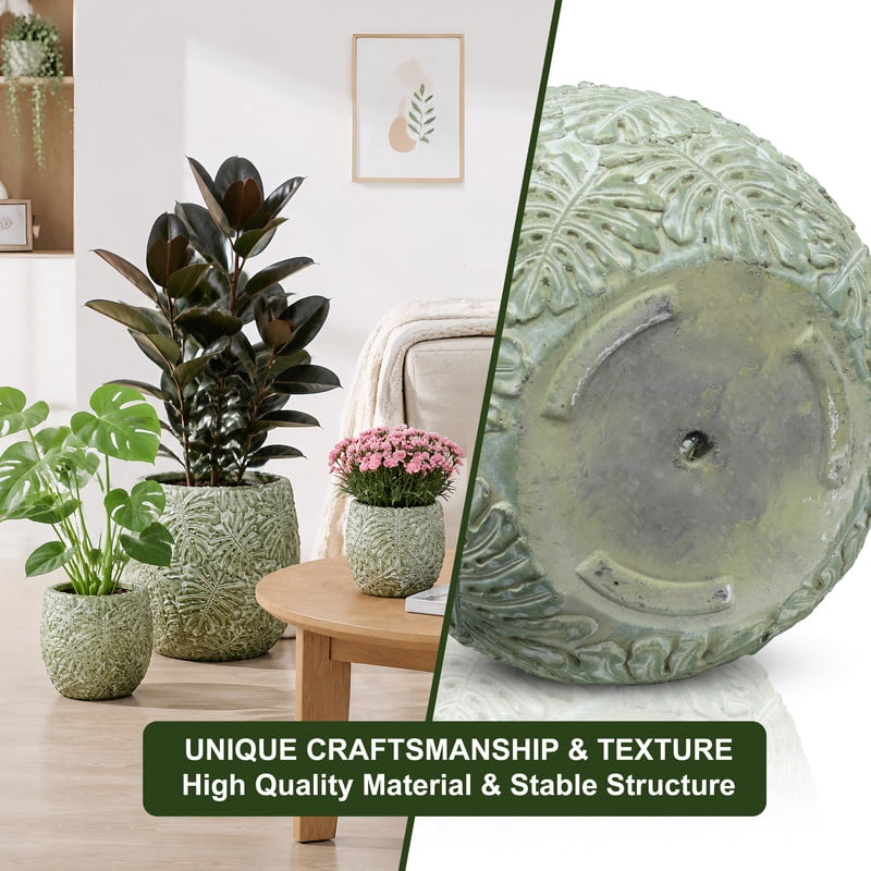 3-Piece Large Concrete Planter Set for Indoor & Outdoor Use - Round Garden Pots (18, 13, 9 Inch Dia) with Drainage Hole & Plug (SH002)