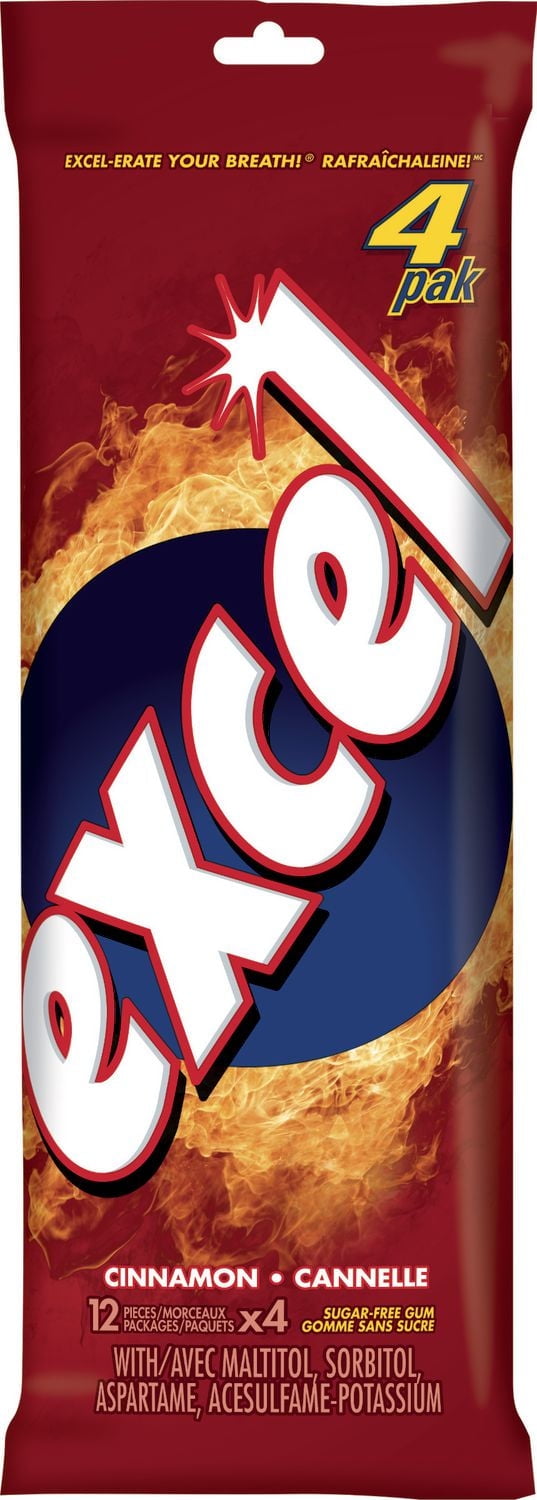 Excel Cinnamon Chewing Gum, Sugar-Free, 12 Pellets, Pack of 4