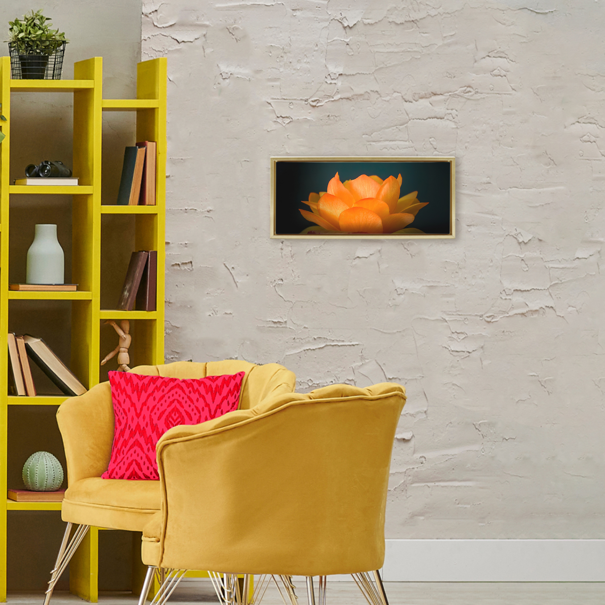 Glowing Orange Lotus Gold Framed Floater Canvas Wall Art, design by Phillip Flowers