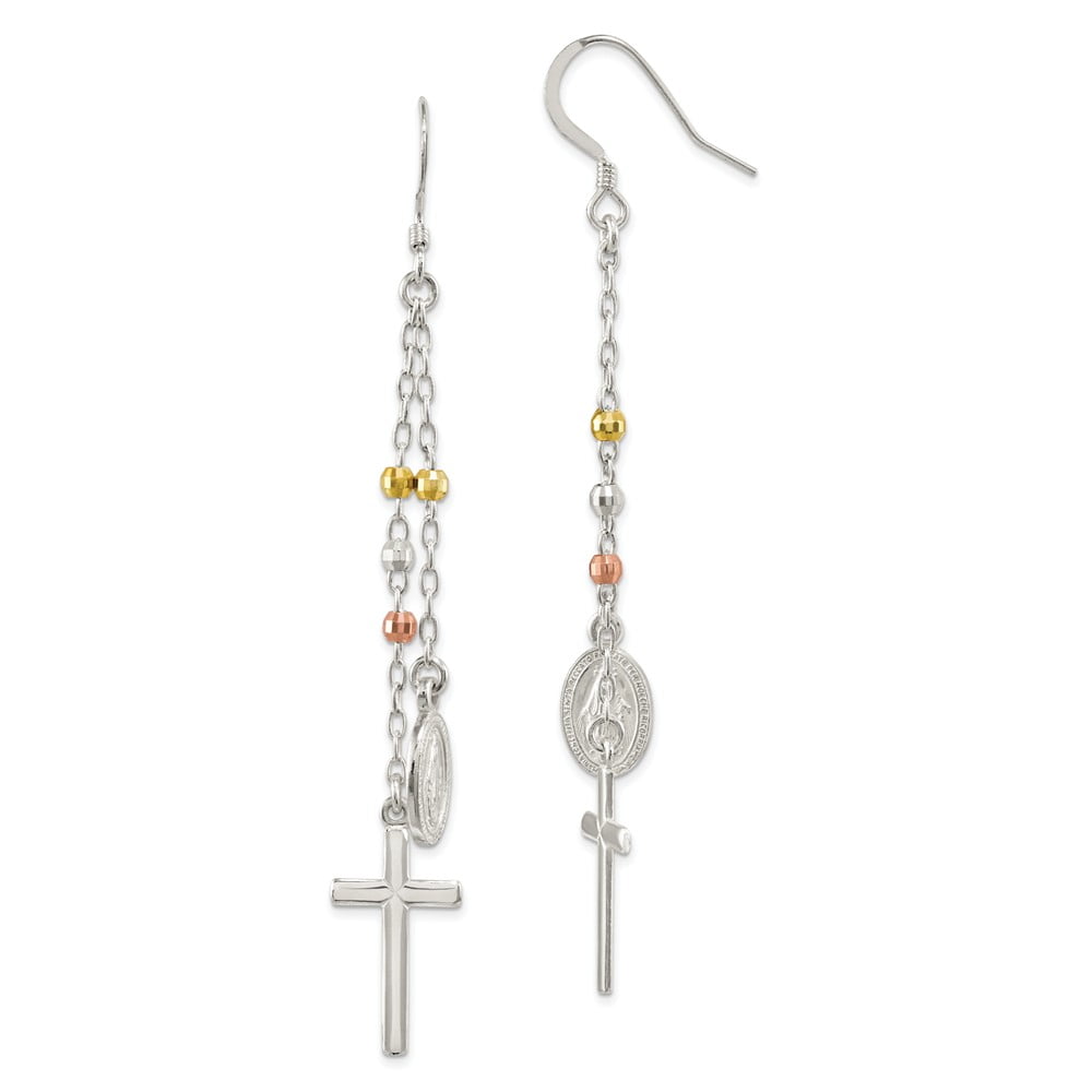 925 Sterling Silver Gold Rose tone Miraculous Medal Cross Earrings